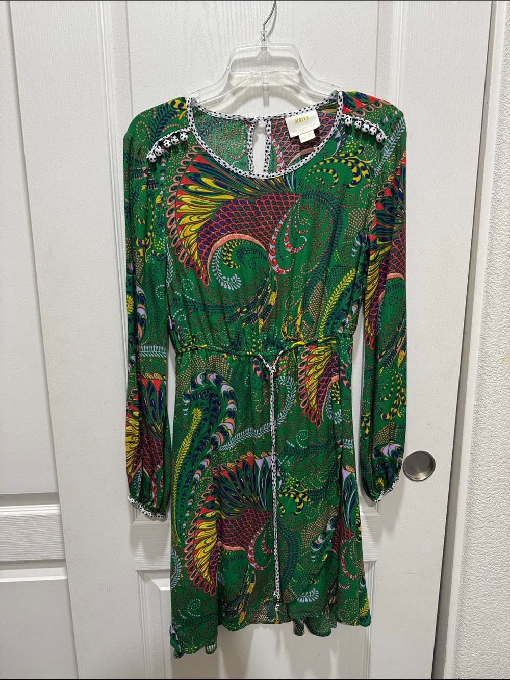 Maeve Anthropologie Green Paisley Mini Dress Size 4 Boho Long Sleeve
